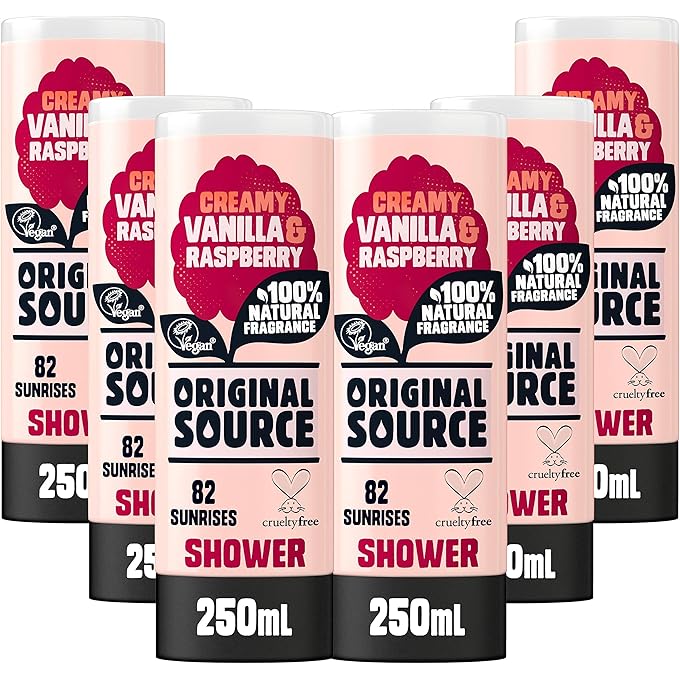 Original Source Vanilla & Raspberry Shower Gel, 100 Percent Natural Fragrance, Vegan, Cruelty Free, Paraben Free, Bulk Buy, Pack of 6 x 250 ml - Image 1